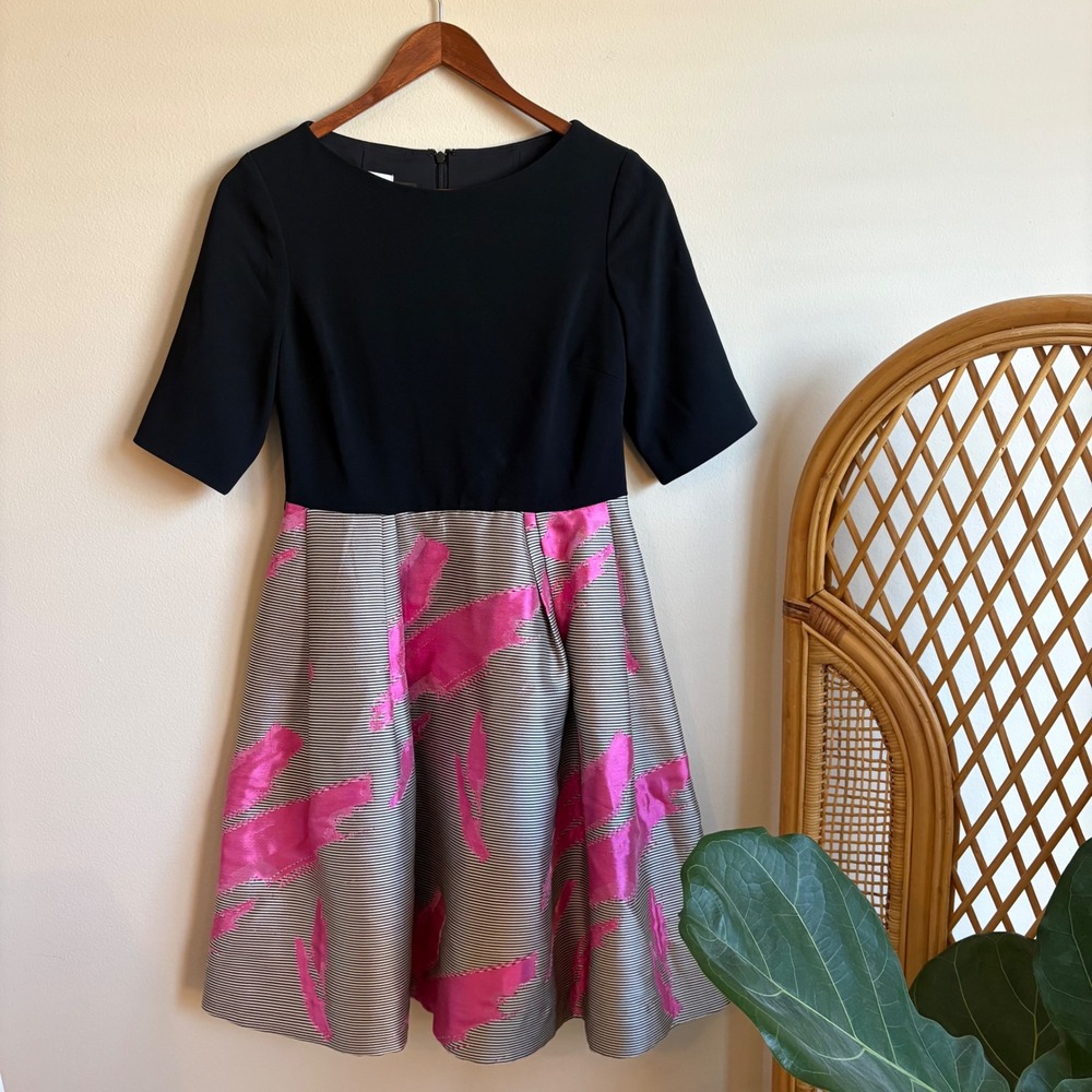 Vtg Womens Rickie Freeman for Teri Jon Black Pink Babydoll Glam Pleated Dress